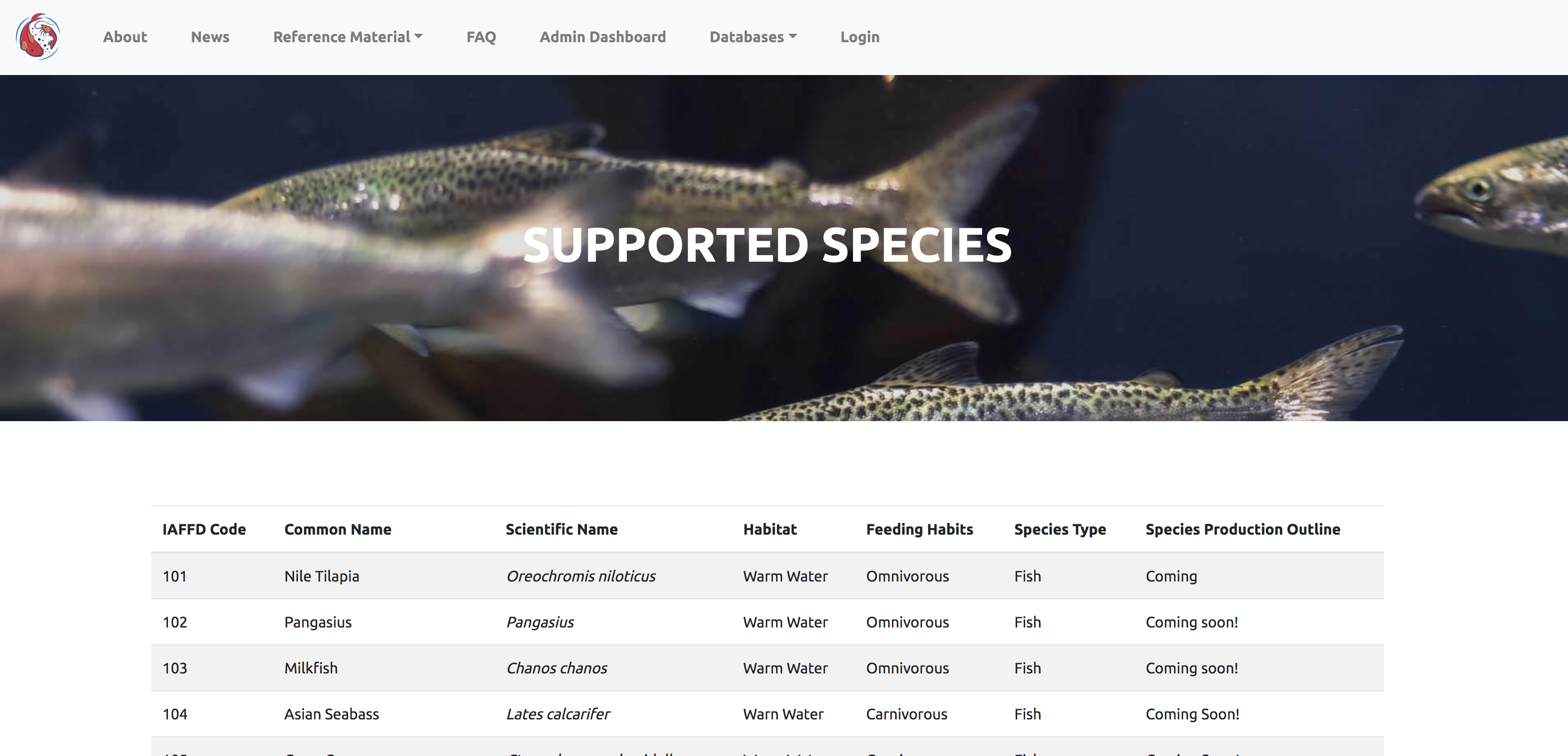Screenshot of the species list on the IAFFD website